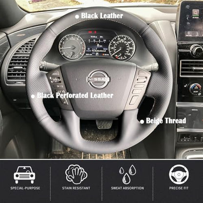 Steering Wheel Cover Hand-Stitch on Black Leather Protector Wrap for Nissan Frontier 2022-2025 Nissan Armada/Nissan NV Cargo/Nissan Titan/Patrol 2013-2022 Infiniti QX80 2014-2022