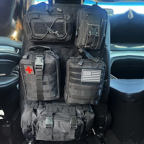 Universal Tactical Front Seat Back Organizer with 5 detachable Molle Storage Bag/Hanger Bag,Applicable to all vehicle (Black)