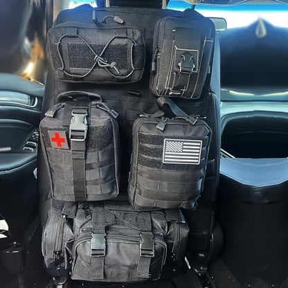 Universal Tactical Front Seat Back Organizer with 5 detachable Molle Storage Bag/Hanger Bag,Applicable to all vehicle (Black)