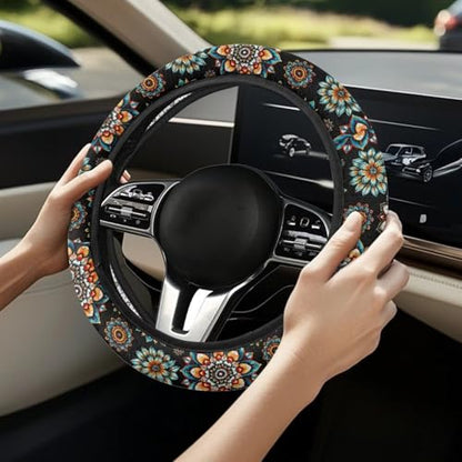 AFPANQZ Bohemia Flower Steering Wheel Covers 14-15" inch Universal Fit Most Car Sedans SUVs Comfort Grip Comfortable Handmade Breathable Steering Wheel Protector - color: Bohemia Flower