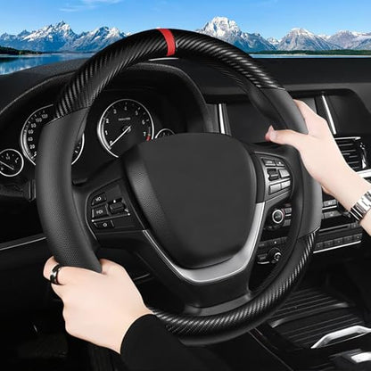 Black Carbon Fiber Leather Steering Wheel Cover, Microfiber Leather, Anti-Slip, Breathable, Universal Fit for 14.5–15 in Steering Wheel Cover for Men Women - color: Splicing Carbon Fiber - Black