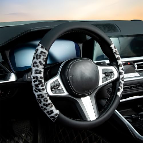 White Leopard Steering Wheel Cover Auto Leather Steering Wheel Protector, Anti-Slip, Breathable, Absorbing Sweat, Universal Leopard Car Accessories 14.5–15 inch,Fit for Most Car, Trucks, SUV - style: White Leopard