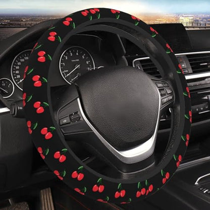 Red Cherry Cherries Leaves Leaf Car Steering Wheel Cover,Non-Slip Elastic Neoprene-Sweat Car Accessories,Universal 15 Inch Fit Auto, Vans Trucks,Suvs, Truck - color: Cherry