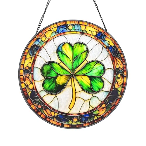 Ireland Shamrock Stained Glass Window Hanging Suncatcher with Chain - 7.9" Clover Outdoor/Indoor Art Decor for Home Garden, St. Patrick's Day, Mother's, Valentine's & Irish Ornaments Present - color: Ireland Shamrock