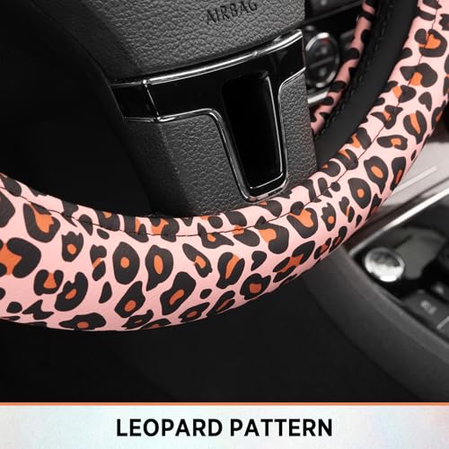 Road Comforts Leopard Steering Wheel Cover for Women, Cute Anti-Slip Microfiber Leather, Fits 14.5-15 Inch Steering Wheel 14.5-15 Inch - Black and Pink Cheetah - color: Round-Black&Pink Leapord
