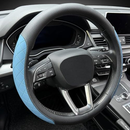 Nappa Leather Steering Wheel Cover,Elegant Diamond Checkered Design, Non-Slip wear-Resistant, Enhance Driving Comfort, Suitable for Steering Wheel Diameter 14 1/2‘-15’ Models.Black Blue - color: Black Blue
