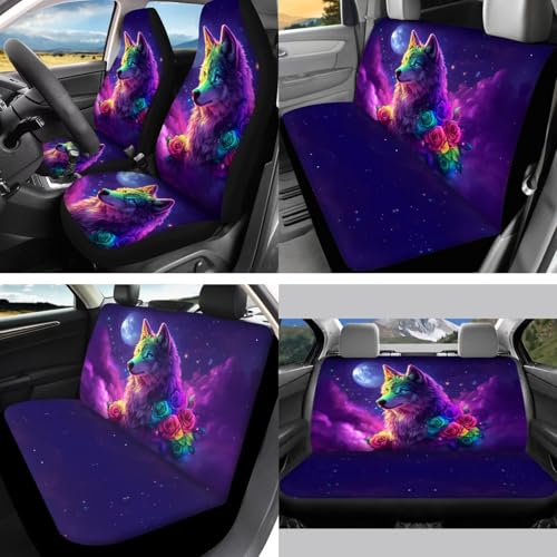 Wolf Rose Moon Print Violet 15 Pcs Car Seat Cover Set, Full Set Car Accessories, Front Rear Seat Covers Steering Wheel Cover Seat Belt Covers Car Coaster - color: Wolf Rose Moon Print Violet