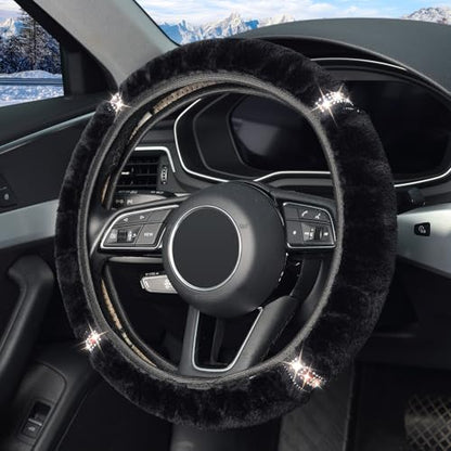 ZHOL Plush Steering Wheel Cover with Bling Bling Crystal Rhinestone, Universal 15 Inch Softy Fluffy Steering Wheel Cover for Women Girls, Anti-Slip, Winter Warm, Black - color: Diamond-set Black