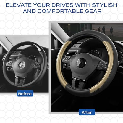 Skechers Steering Wheel Cover Memory Foam,Luxury Leather Steering Wheel Covers,Universal Anti-Slip Fit 14" 1/2-15" Car Wheel Cover for Stylish Car Decor Gifts Fit Suvs,Vans,Sedans,Car,Trucks,Beige