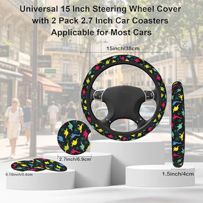 Dinosaur Steering Wheel Cover for Women Girly,Colorful Dino with Paws 15 Inch Non-Slip Breathable Neoprene Steering Wheel Cover Fit Auto,SUVs,Includes 2 PCS Cup Coasters - color: Dinosaur