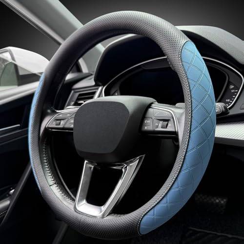 Nappa Leather Steering Wheel Cover,Elegant Diamond Checkered Design, Non-Slip wear-Resistant, Enhance Driving Comfort, Suitable for Steering Wheel Diameter 14 1/2‘-15’ Models.Black Blue - color: Black Blue
