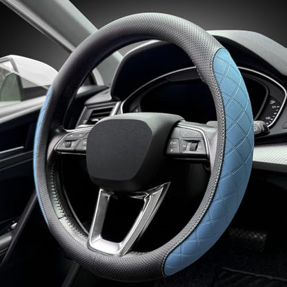 Nappa Leather Steering Wheel Cover,Elegant Diamond Checkered Design, Non-Slip wear-Resistant, Enhance Driving Comfort, Suitable for Steering Wheel Diameter 14 1/2‘-15’ Models.Black Blue - color: Black Blue