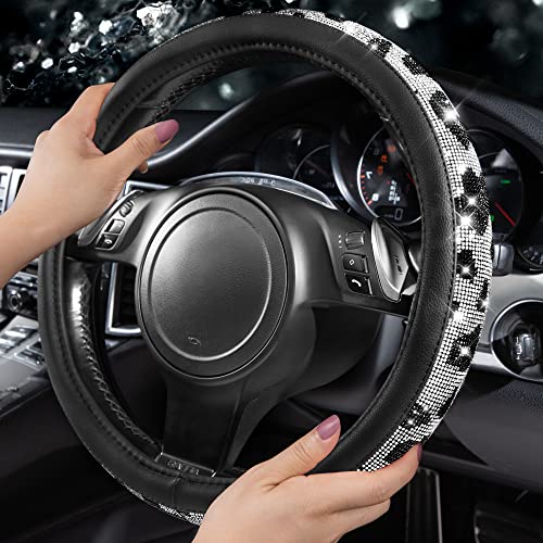 CAR PASS Bling Cow Print Diamond Steering Wheel Cover, with Sparkly Crystal Glitter Rhinestones Black Leather Car Wheel Protect for Women Girl Fit Suvs,Vans,Sedans,Cars,Trucks, 14" 1/2-15" Cow Design - color: Cow Diamond