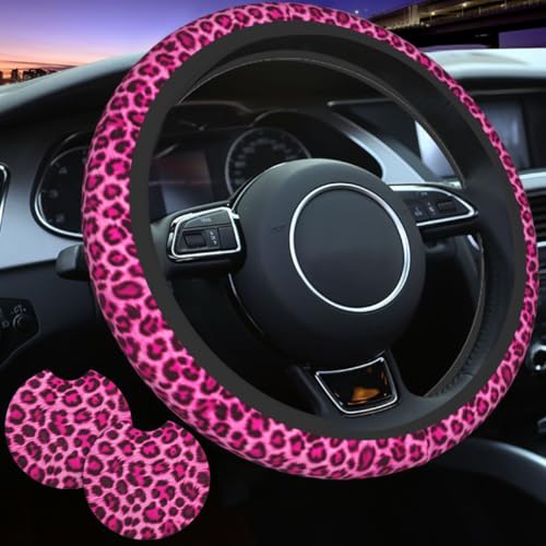 Pink Leopard Print Steering Wheel Sleeve Pink Leopard Print Wheel Sleeve Quality Friendly Neoprene Slip-Resistant Includes 2 Car Cup Coasters Decor for 15-Inch Men Women Universal Car Wheel Protector - color: Pink Leopard Print