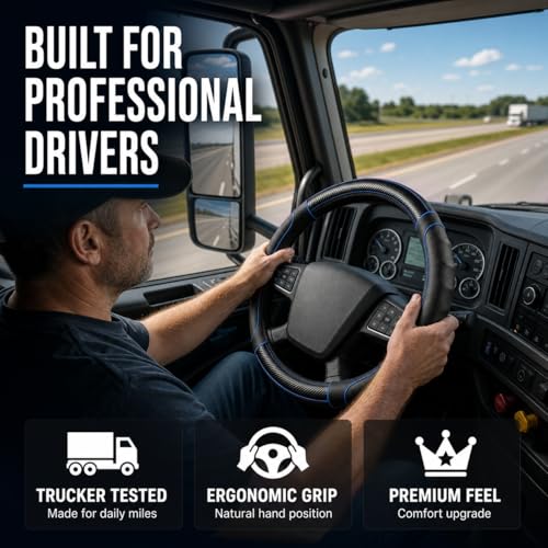 18 Inch Semi Truck Steering Wheel Cover for Freightliner Cascadia, Kenworth T680 T880, Peterbilt 579, Volvo VNL - Anti-Slip Carbon Fiber Grip - Carbon Blue - color: Black Blue