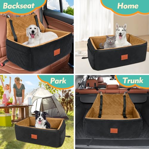 Dog Car Seat for Large Medium Dogs,Washable Pet Car Seat Under 55 lbs or 2 Small Dogs,Dog Booster Seat with Thick Cushion,2 Safety Leashes Travel Car Dog Bed - color: Black/brown