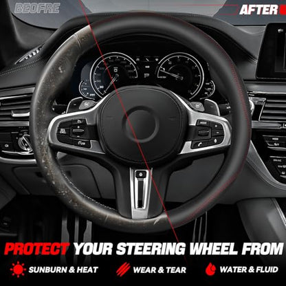 Auto Dynasty Steering Wheel Cover, Breathable Microfiber Leather Car Steering Wheel Protector with Red Stitched, Anti-Slip Inner Rubber Lining, [14 1/2 to 15 Inches] Universal Fit Cars Trucks SUVs - color: Stitched Red A