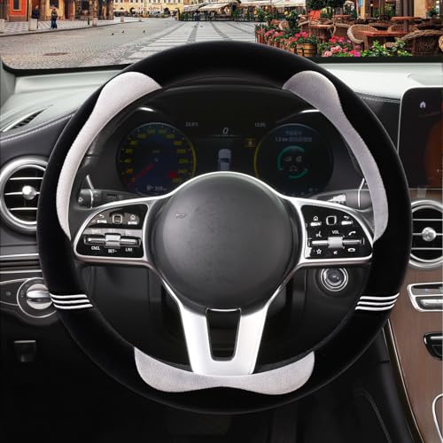 Furry Cute Steering Wheel Cover, Soft Fluffy Short Plush Auto Accessories, Non-Slip Cold-Proof Sweat-Proof Colorfast, Universal 15 inch(Black with Gray) - color: Round-Gray, size: Standard[14.5''-15'']