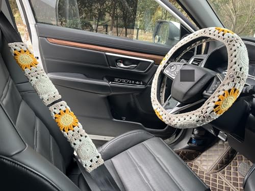 Handmade Crochet Sun Moon Car Steering Wheel Covers Universal 14-15 inch,Cute Steering Wheel Cover,Car Accessories (Steering Wheel Cover+2 Belt Cover) - color: Steering Wheel Cover+2 Belt Cover