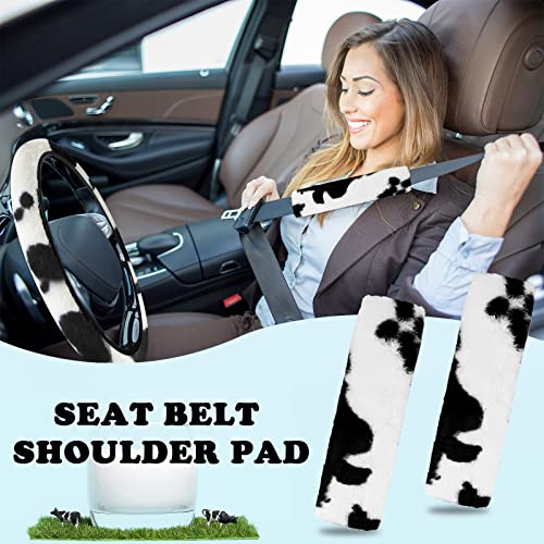 JINGSEN11 Pieces Fluffy Car Accessories Set,Fluffy Cow Print Plush Steering Wheel Covers for Women Soft Fleece Handbrake Cover Shift Cover Car Trim Warm Non-Slip (Black) - size: black