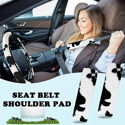 JINGSEN11 Pieces Fluffy Car Accessories Set,Fluffy Cow Print Plush Steering Wheel Covers for Women Soft Fleece Handbrake Cover Shift Cover Car Trim Warm Non-Slip (Black) - size: black