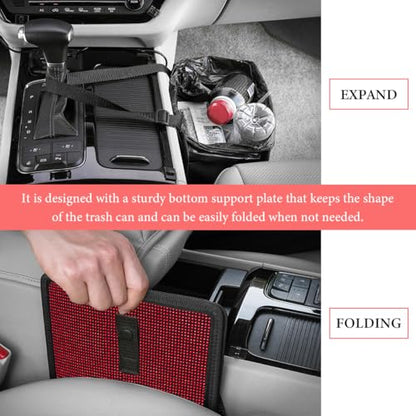 Car Foldable Trash Can, Bling Rhinestone Oxford Garbage Container Hanging Waterproof Organizer, Mini Crystal Dustbin Waste Basket Leakproof Trash Bin for Car Office Kitchen (Red) - color: Red