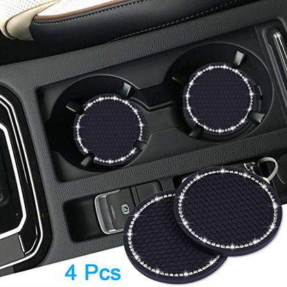 Bling Car Coasters, Wisdompro 4 Pack PVC Car Cup Holder Insert Coaster - Anti Slip Universal Vehicle Interior Accessories Crystal Glitter Cup Mats for Women and Men(2.75" Diameter, Black) - color: Black