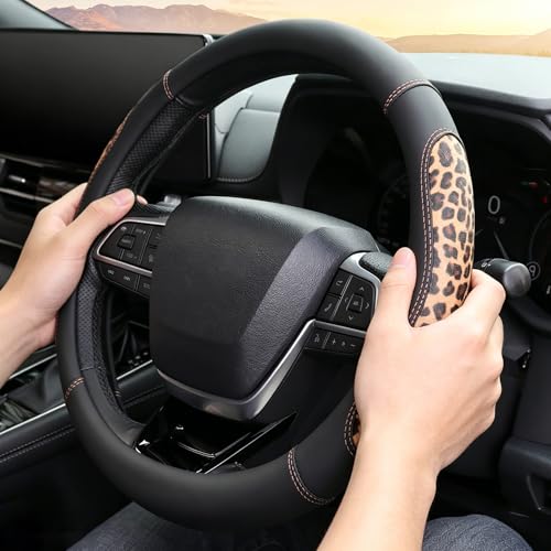 Microfiber Leather Leopard Steering Wheel Cover, Universal 15 Inch, Spliced Anti-Slip Car Wheel Protector, Luxury Cheetah Auto Accessories, Coffee Black - color: Brown Leopard