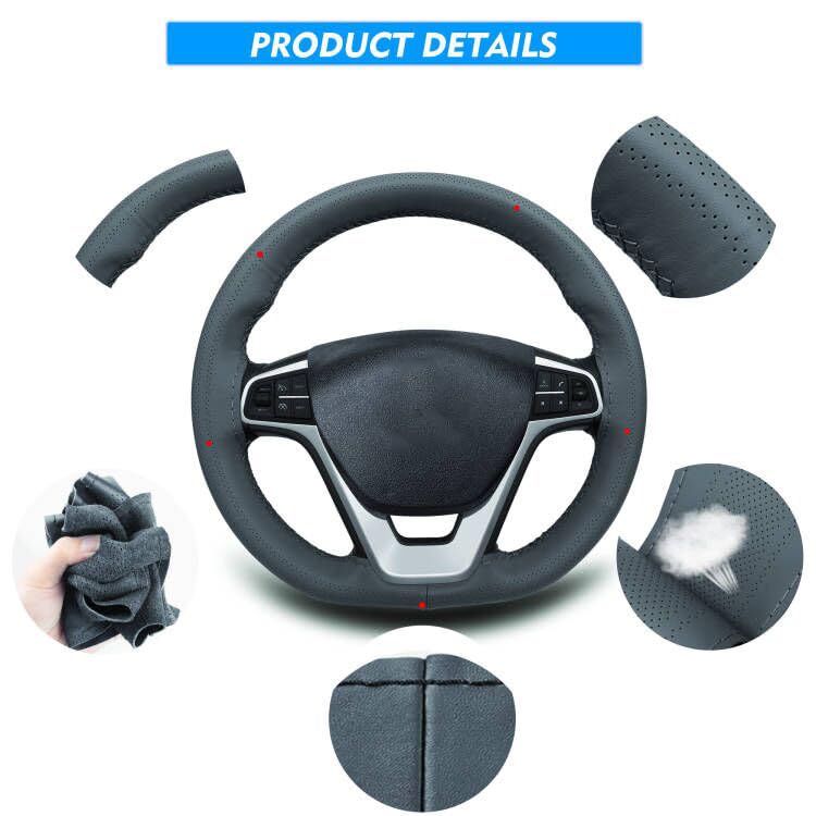 Leather Steering Wheel Cover, Breathable Non-Slip Design, Soft and Comfortable Feeling, Universal 15 Inch Auto Car Steering Wheel Stitch on Wrap（Size M, Gray）