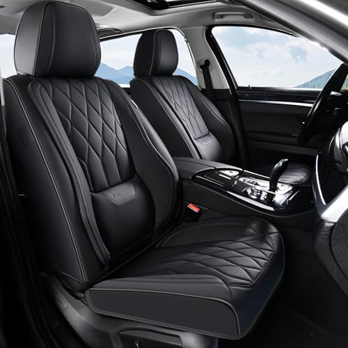 Leather Seat Covers Full Set Black Car Seat Covers with Lumbar Support Waterproof Car Seat Cushion 5 Seats Full Coverage Seat Protector Universal Fit for Most Cars Sedans Trucks SUV, Black