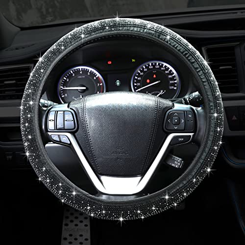 Bling Steering Wheel Cover, Crystal Rhinestone Diamond Steering Cover Universal Fit 15 inch Car Steering Wheel Protector for Women & Girl (Black)