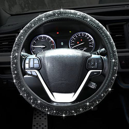 Bling Steering Wheel Cover, Crystal Rhinestone Diamond Steering Cover Universal Fit 15 inch Car Steering Wheel Protector for Women & Girl (Black)