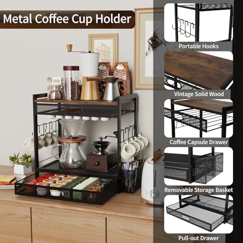 Coffee Bar Organizer Station with CoffeePod Drawer Mug Cup Holder and Tea Condiment Storage for Countertop Organizer CoffeeBar Accessories for Kitchen,Home,Office