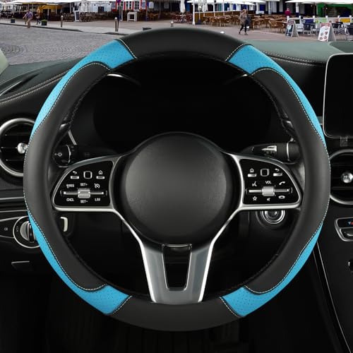 Microfiber Leather Steering Wheel Cover, Breathable, Anti Slip, 13.5 inch to 14 inch, Black with Blue - color: Black Blue, size: Round-Small[13.5''-14'']