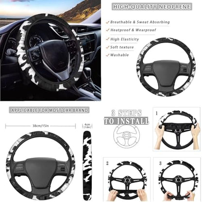Wanyint Black White Cow Print Car Seat Cover Full Set 14 PCS, with Steering Wheel Cover Seat Belt Pad Garbage Bin Armrest Pad Rearview Mirror Handbrake Cover Set Coaster Fit Most Vehicles - color: Black White Cow Print