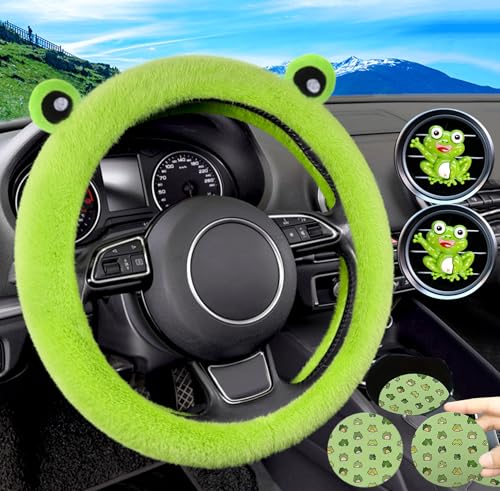 Pinbola 5 Pcs Fluffy Frog Cartoon Steering Wheel Cover Car Accessories Set Universal 14.5-15 Inch Warm Soft Plush Cup Coasters Car Decoration for Women (Green Forg) - color: Green Forg
