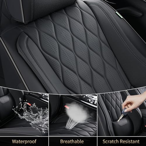 Leather Seat Covers Full Set Black Car Seat Covers with Lumbar Support Waterproof Car Seat Cushion 5 Seats Full Coverage Seat Protector Universal Fit for Most Cars Sedans Trucks SUV, Black