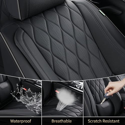 Leather Seat Covers Full Set Black Car Seat Covers with Lumbar Support Waterproof Car Seat Cushion 5 Seats Full Coverage Seat Protector Universal Fit for Most Cars Sedans Trucks SUV, Black