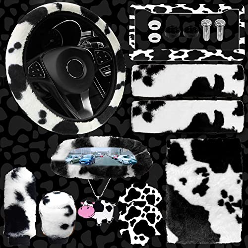 JINGSEN11 Pieces Fluffy Car Accessories Set,Fluffy Cow Print Plush Steering Wheel Covers for Women Soft Fleece Handbrake Cover Shift Cover Car Trim Warm Non-Slip (Black) - size: black