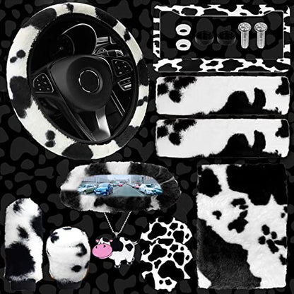 JINGSEN11 Pieces Fluffy Car Accessories Set,Fluffy Cow Print Plush Steering Wheel Covers for Women Soft Fleece Handbrake Cover Shift Cover Car Trim Warm Non-Slip (Black) - size: black