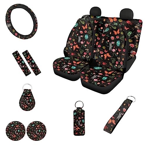 Wild Forest Daisy Auto Seat Covers with Cute Animal,12 Pcs Full Set Car Front Split Bench Seat Covers+Elastic Steering Wheel Wrap+Safety Seatbelt Pad+Key Chain Sets for Women Men - color: Cottagecore Butterfly Dragonfly Forest