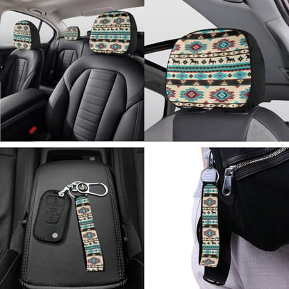 Horeset Aztec South Auto Seat Cover Set of 11 with Car Seat Headrest Cover Lanyards Key Chain Cup Pad Gear Shift Knob & Handbrake Sleeve Car Accessories for Men Women - color: Aztec South