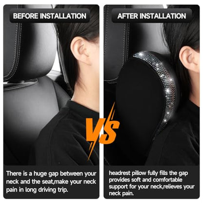 2 Pack Diamond Car Neck Pillow for Women, Memory Foam Neck Pillow for Chair for Lower Back Pain Relief, Car Headrest Pillow with Adjustable Strap, Comfort Softness Neck Support Pillow(Black)