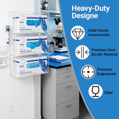Triple Glove Box Holder Wall Mount, 3 Compartments Clear Acrylic Rubber Nitrile Gloves Dispenser for Lab, Hospital, Kitchen - Side-Loading - Mounting Hardware Included -10 x 3.5 x 16.4 IN - size: Triple
