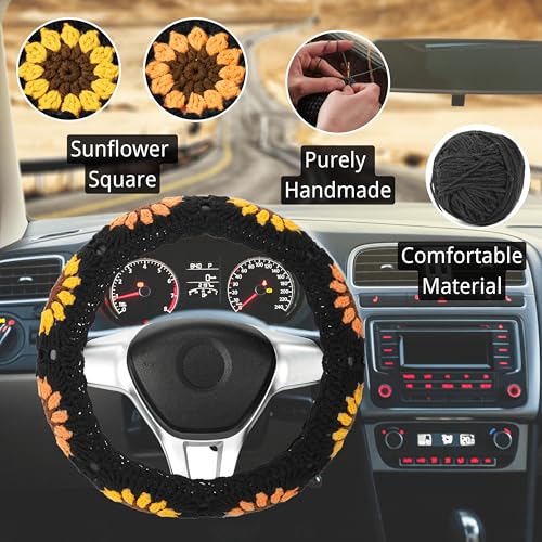 Crochet Steering Wheel Cover Set,Cute Steering Wheel Cover Boho 14-15 in,Handmade Black Sunflower Granny Square Pattern Car Decor for Women,Hippie Car Accessories (A Wheel Cover)