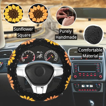 Crochet Steering Wheel Cover Set,Cute Steering Wheel Cover Boho 14-15 in,Handmade Black Sunflower Granny Square Pattern Car Decor for Women,Hippie Car Accessories (A Wheel Cover)