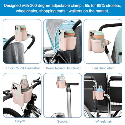 Accmor Stroller Cup Holder with Phone Holder, Bike Cup Holder, Universal Cup Holder for Uppababy Nuna Doona Strollers, 2-in-1 Cup Holder for Walker, Wheelchair, Scooter - color: All Crystal Pink