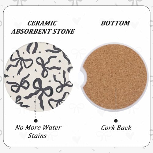 2Pcs Car Coasters for Cup Holders, Black Bow Absorbent Ceramic Car Cup Coaster Universal Anti Slip Cork Base Cup Coasters with Finger Notch Car Interior Accessories for Women