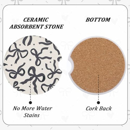 2Pcs Car Coasters for Cup Holders, Black Bow Absorbent Ceramic Car Cup Coaster Universal Anti Slip Cork Base Cup Coasters with Finger Notch Car Interior Accessories for Women