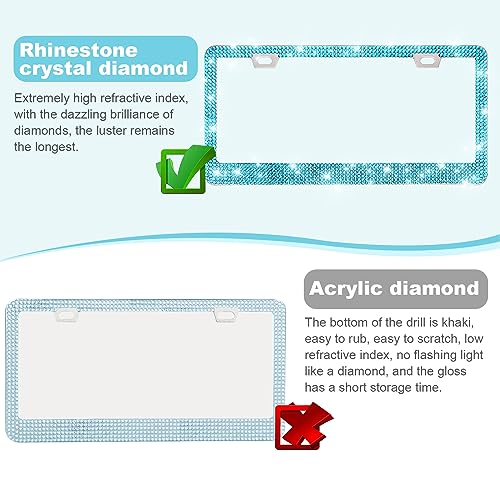 QUANQIUFEI 2 Pack Bling License Plate Frames for Women, Sparkly Rhinestone Diamond Car Accessories with Glitter Crystal Caps (Lake Blue) - color: Lake blue